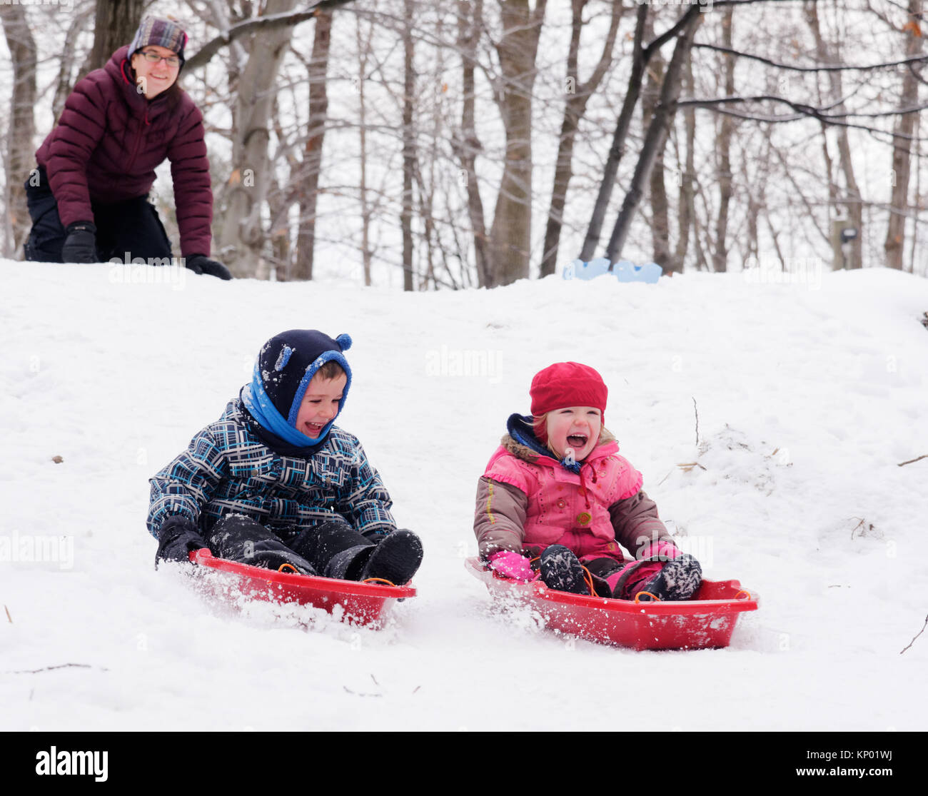 Fratelli e sorelle di 5 e 3 anni) slittino insieme in Québec in inverno, mentre la mamma si affaccia su Foto Stock