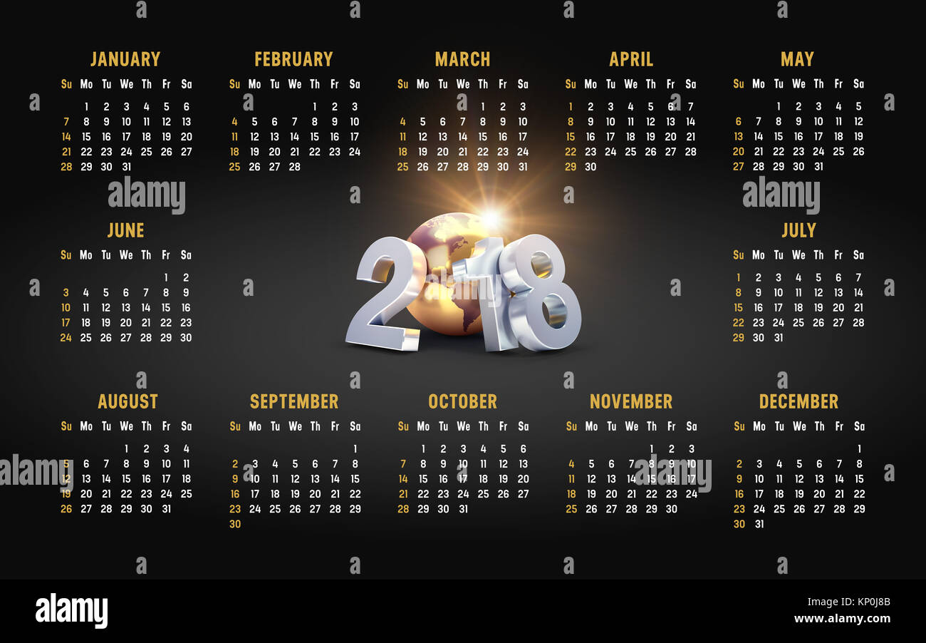 Anno 2018 Calendario d'oro su sfondo nero a partire da domenica Foto Stock