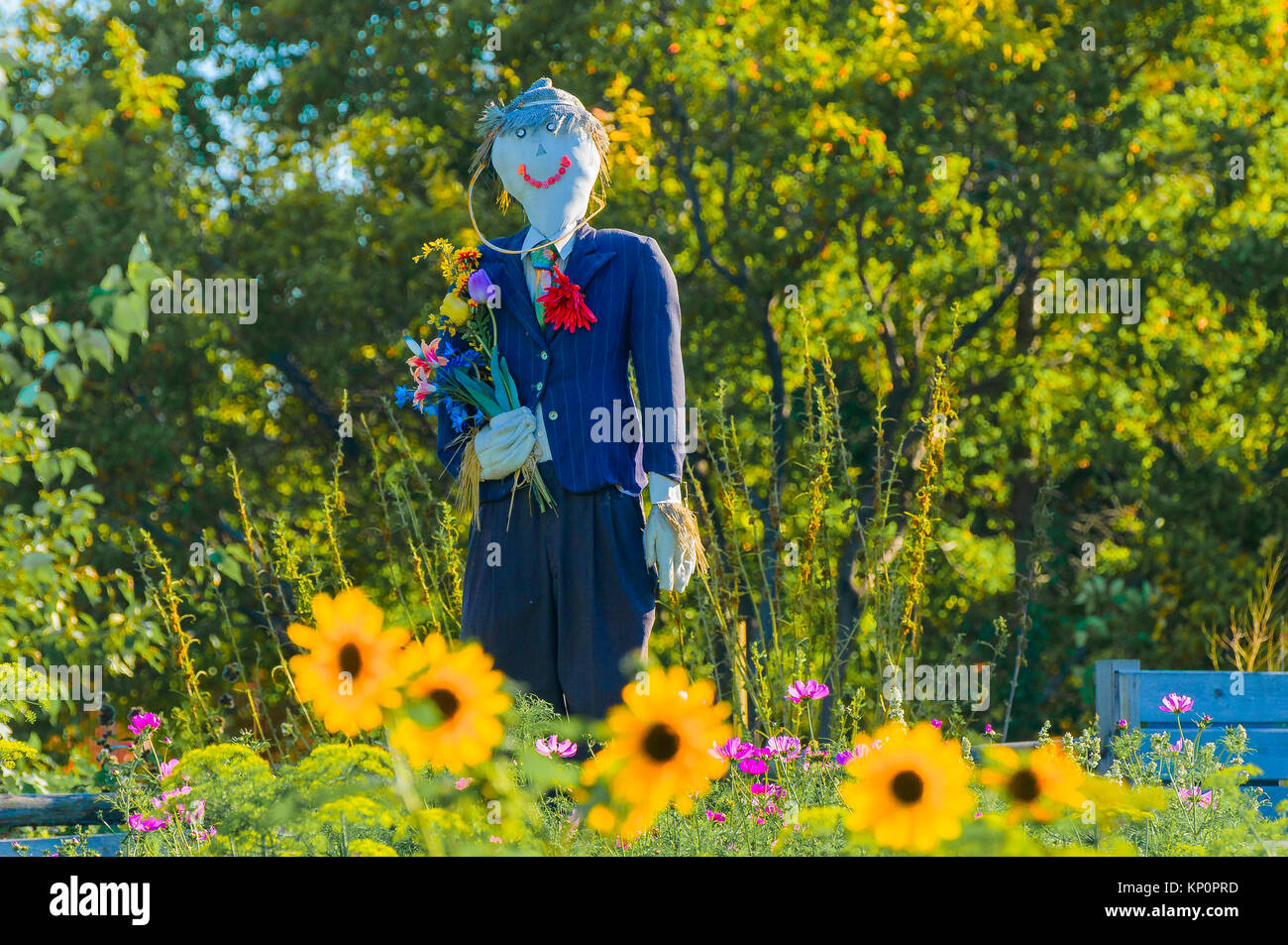Sorridente spaventapasseri in giardino Foto Stock