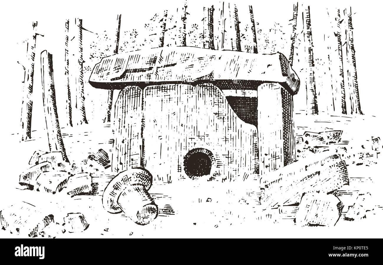 Antica grotta preistorica. casa di legno o pietra rock con i resti di un uomo. paesaggio forestale. habitat di civiltà incontaminate. close up. incisi disegnati a mano nel vecchio sketch, in stile vintage. Illustrazione Vettoriale