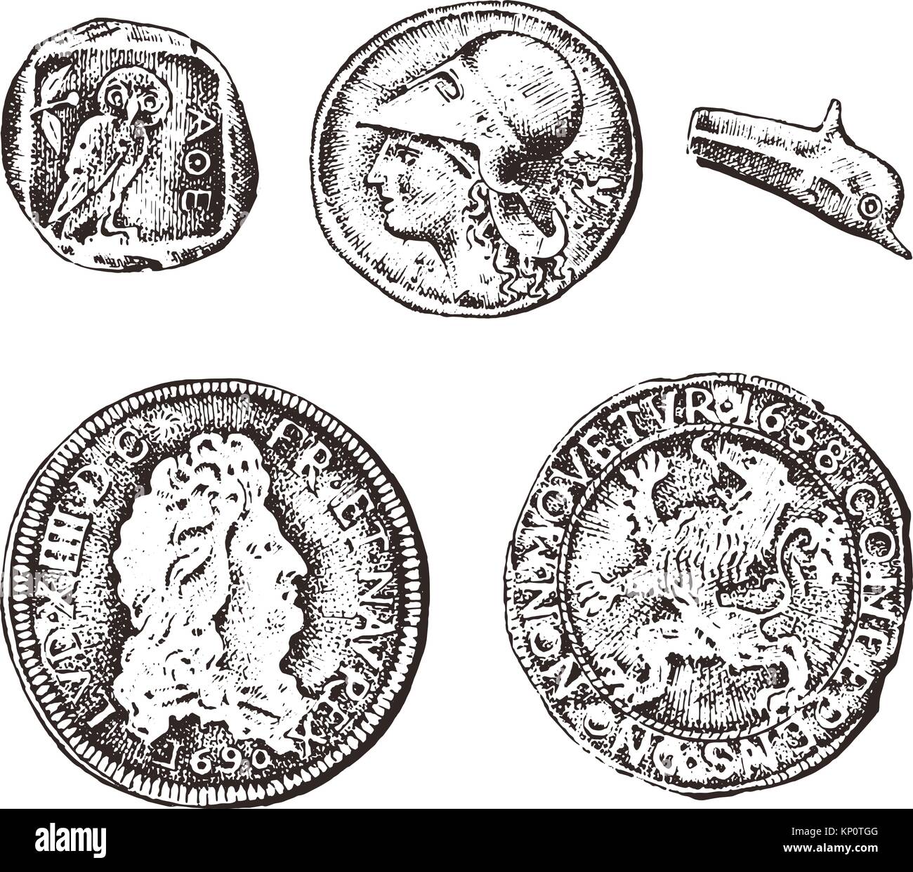 Monete antiche o oro e argento denaro. romana e greca premio in contanti. incisi disegnati a mano nel vecchio sketch, in stile vintage. Illustrazione Vettoriale