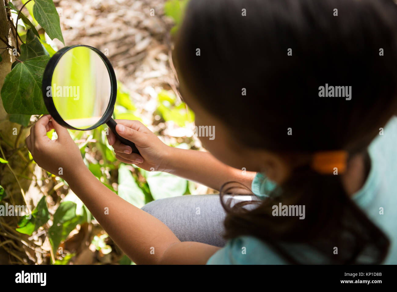 Bambina esplorando la natura attraverso la lente di ingrandimento nella foresta Foto Stock