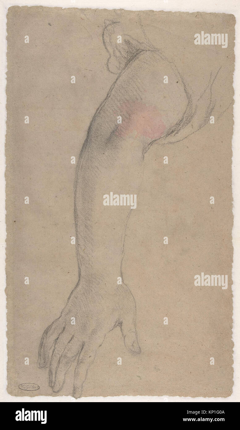 Questo disegno, attribuito a Pietro Locatelli, raffigura Papa Urbano VIII (Maffeo Vincenzo Barberini), che regnò dal 1623 al 1644. Il recto presenta un ritratto dettagliato del papa, mentre il verso mostra un braccio teso. L'opera è realizzata in gesso nero, evidenziato con gesso bianco su carta marrone chiaro, risalente al 1669-70. Foto Stock