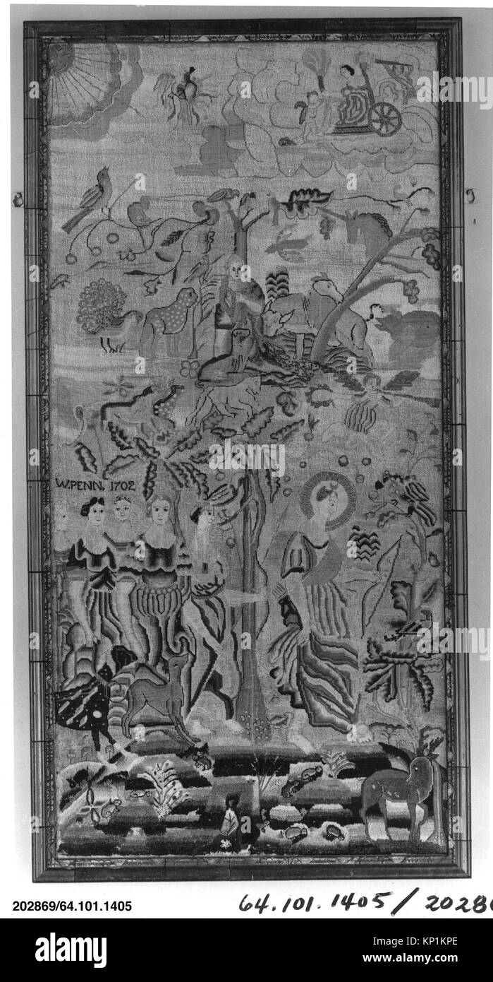 Questa immagine ricamata presenta scene mitologiche e illustra le storiche tecniche di ricamo tessile documentate dal MET. Foto Stock