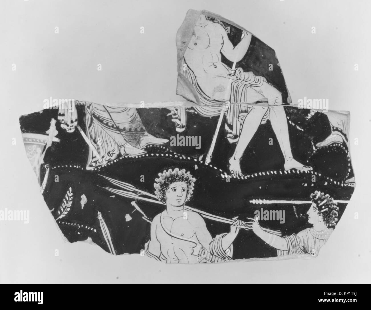 Frammento di una voluta di terracotta-Crater (ciotola per la miscelazione di acqua e vino) soddisfatte 173355 250891 : attribuita al Pittore di Dublino Situlae, Frammento di una voluta di terracotta-Crater (ciotola per la miscelazione di vino e acqua), metà-4secolo A.C., terracotta, complessivo: 3 15/16 x 2 9/16a. (10 x 6,5 cm). Il Metropolitan Museum of Art di New York. Fondo Rogers, 1919 (19.192.81.8) Foto Stock