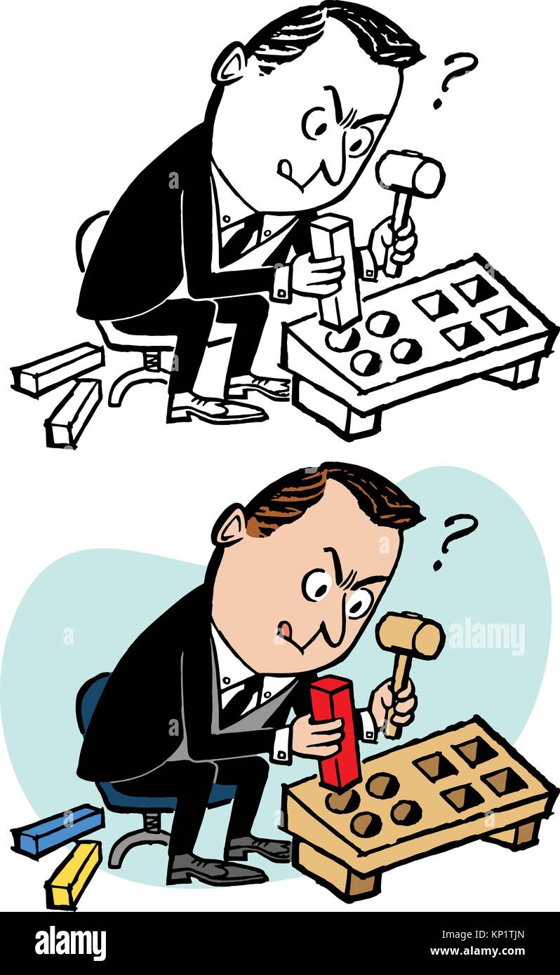 Un uomo che cerca di montare un piolo quadrato in un foro tondo. Illustrazione Vettoriale