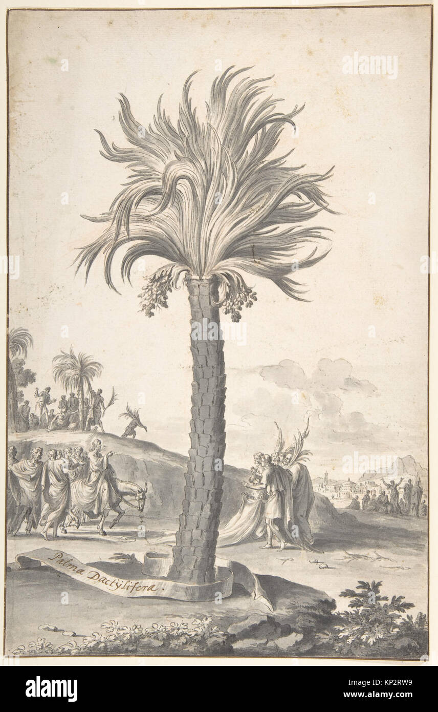 Un'illustrazione di "l'entrata di Cristo in Gerusalemme" di Jan Goeree, creata tra il 1696 e il 1704. L'opera è resa in penna e inchiostro nero, con pennello e colore grigio su tracce di gesso rosso, raffigurante una scena biblica adatta a scopi educativi ed editoriali. Foto Stock