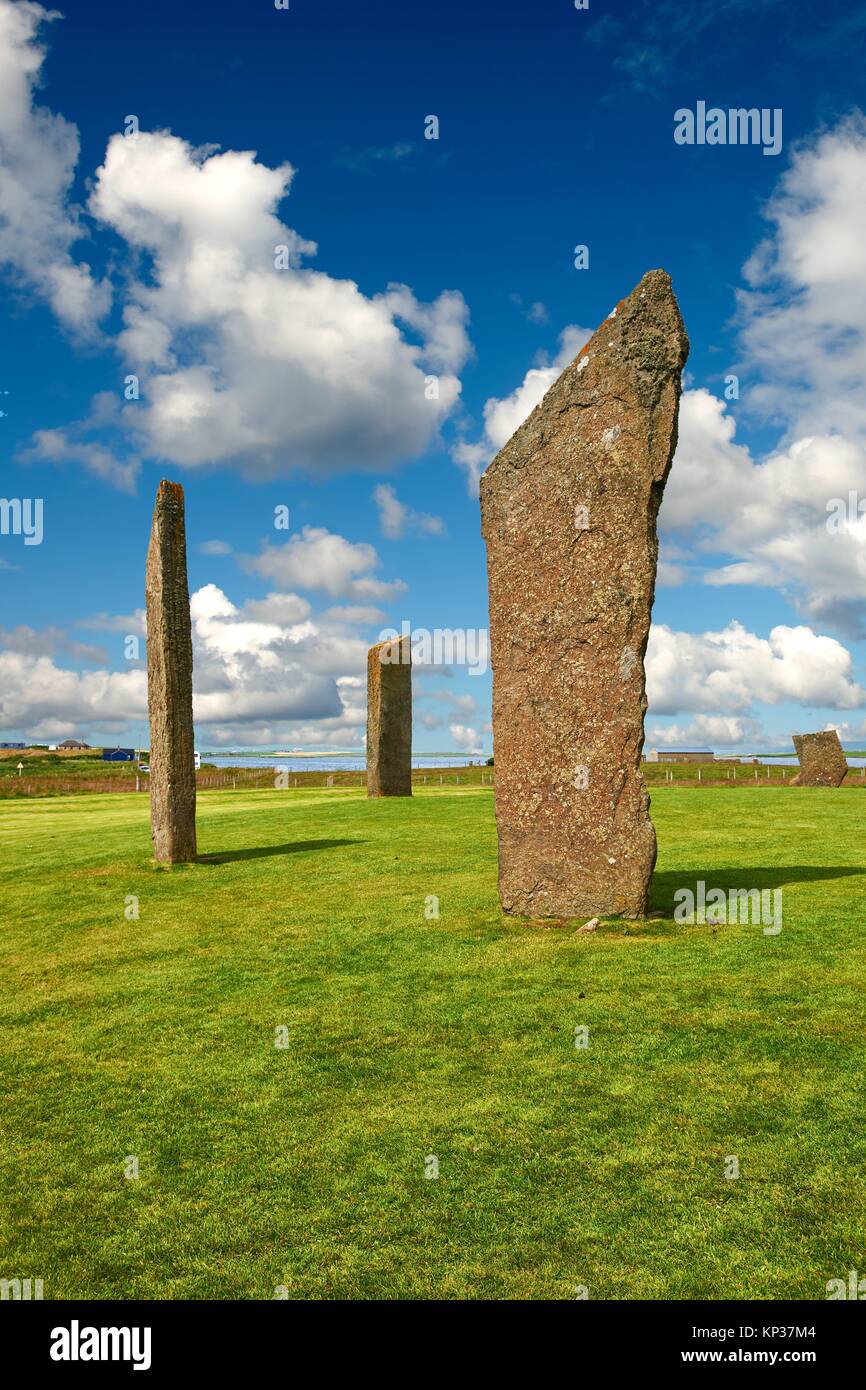 Neolitico pietre permanente di Stenness, Isola di Orkney, Scozia. Foto Stock