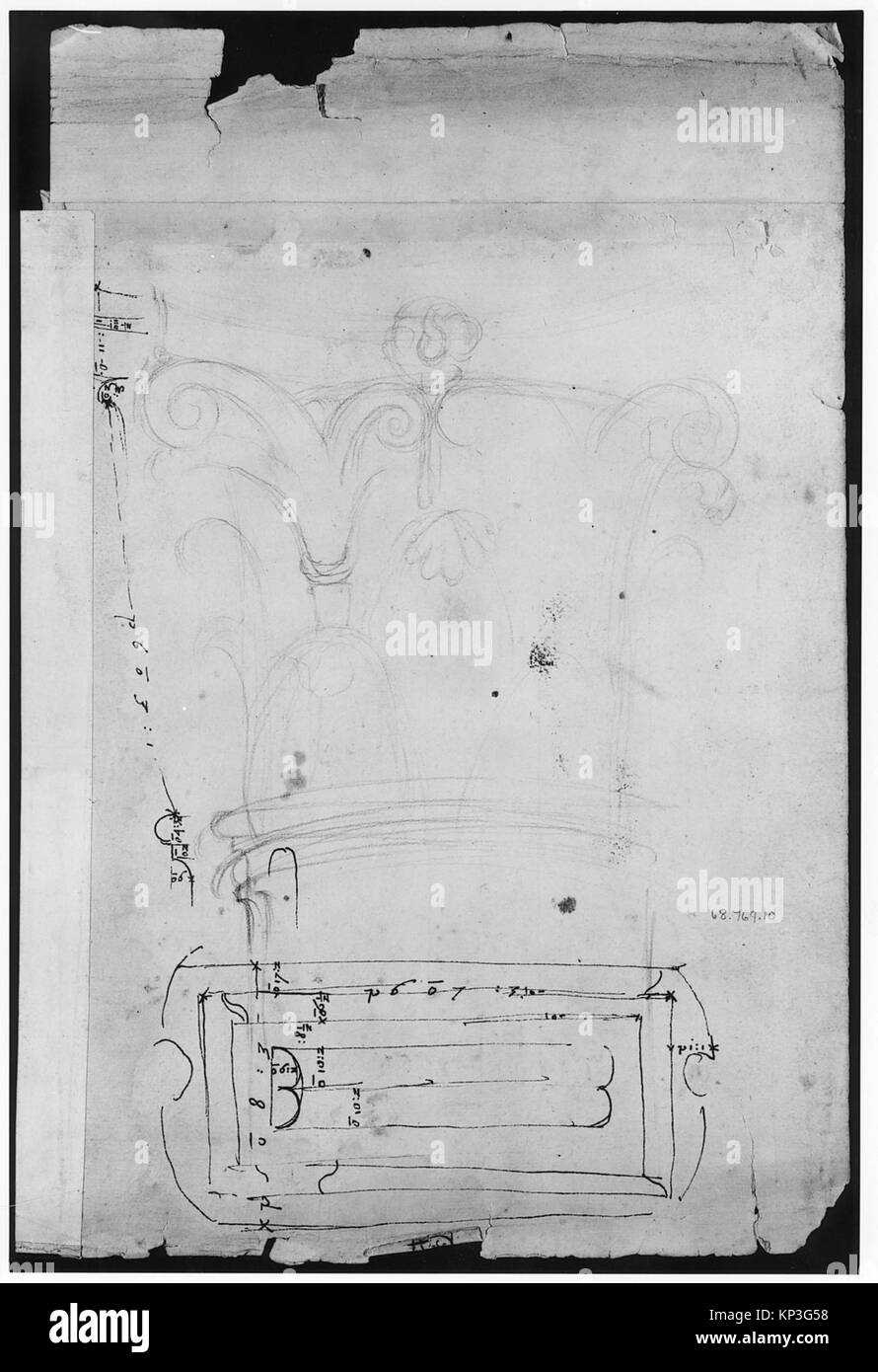 Raffigurazione del foro di Nerva che illustra traballature, cornicione, architrave, capitelli corinzi e disposizione dei soffitti in architettura storica. Foto Stock