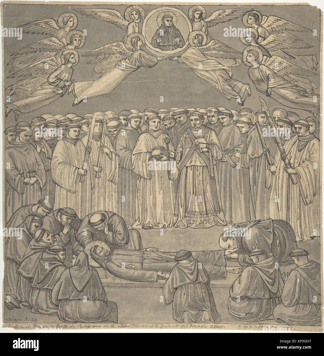 Raffigurazione della morte di San Francesco dopo Giotto, raffigurante il santo circondato da figure in una scena religiosa storica con attenzione alla composizione e all'espressione. Foto Stock