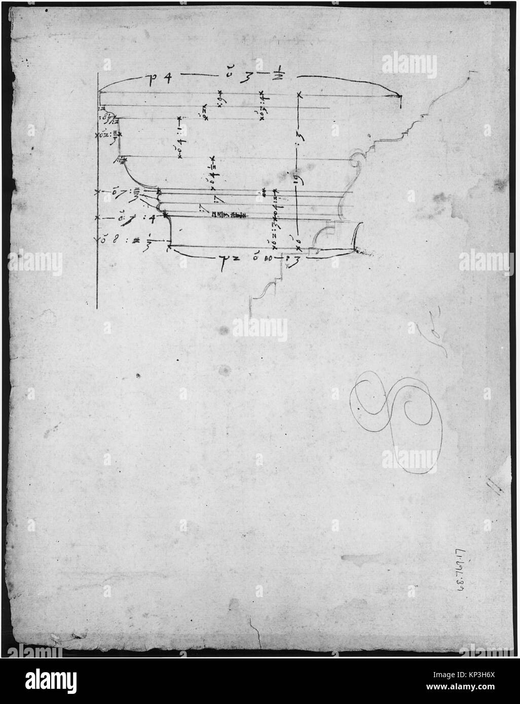 Disegno architettonico dell'Arco di Camigliano che mostra la cornice, il capoluogo dorico, l'elevazione del profilo e dettagli ornamentali, con uno schizzo sul verso. Foto Stock