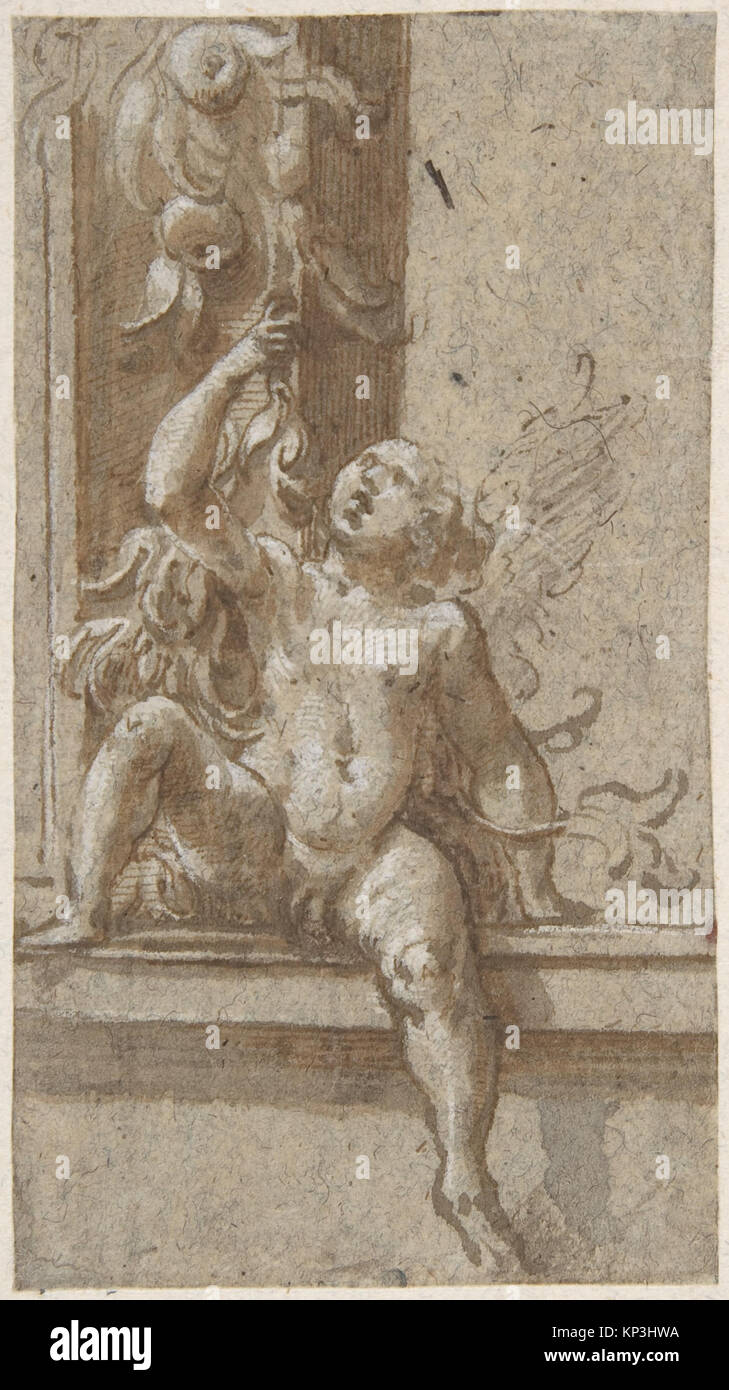 Un putto seduto su un telaio incontrato DP807865 382676 Artista: Girolamo Mazzola Bedoli, Italiano, Viadana ca. 1505?ca. 1570 Parma, un putto seduto su un telaio, ca. 1538?40, penna e inchiostro bruno, spazzola e lavaggio marrone, evidenziata con il bianco gouache su tracce di leadpoint o gesso nero., foglio: 4 3/4 x 2 9/16 in. (12 x 6,5 cm). Il Metropolitan Museum of Art di New York. Dono di Philippe e Edith de Montebello, 2008 (2008.334.2) Foto Stock