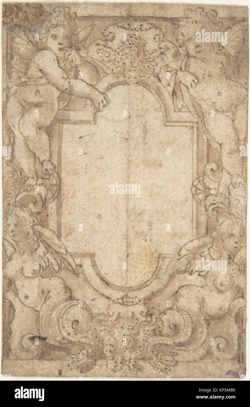 Questo disegno italiano del XVI secolo presenta una cornice decorata con putti e sirene. Realizzato con inchiostro a penna e marrone, pennello e lavaggio marrone, su gesso nero, misura 9,8 x 6,5 cm (3 7/8 x 2 9/16 pollici). Foto Stock Questo disegno italiano del XVI secolo presenta una cornice decorata con putti e sirene. Realizzato con inchiostro a penna e marrone, pennello e lavaggio marrone, su gesso nero, misura 9,8 x 6,5 cm (3 7/8 x 2 9/16 pollici). Foto Stock