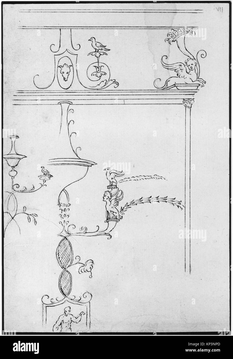 Questo disegno francese del XVI secolo raffigura elementi decorativi della Domus Aurea, con motivi grotteschi. Creata con inchiostro marrone scuro, gesso nero e linee incise, la grafica misura 9 1/4 x 6 1/2 pollici. Foto Stock