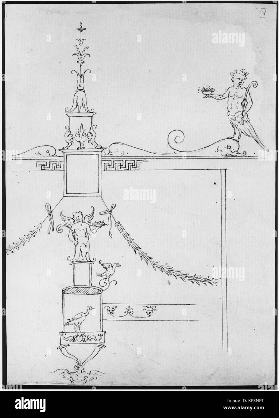 Questo disegno del XVI secolo, attribuito ad un anonimo artista francese, raffigura elementi decorativi del criptoportico della Domus Aurea. Realizzato in inchiostro marrone scuro, gesso nero e linee incise, presenta motivi grotteschi caratteristici del periodo. Foto Stock