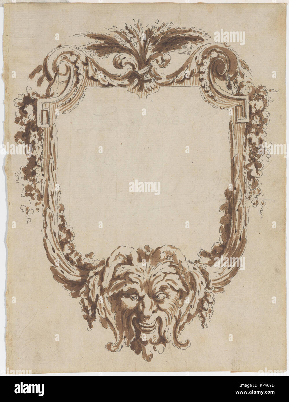 Questo disegno francese del XVIII secolo di Jean Charles Delafosse presenta un design dettagliato per una cornice decorativa, che mette in risalto gli intricati motivi e l'eleganza dello stile Rococò. Foto Stock