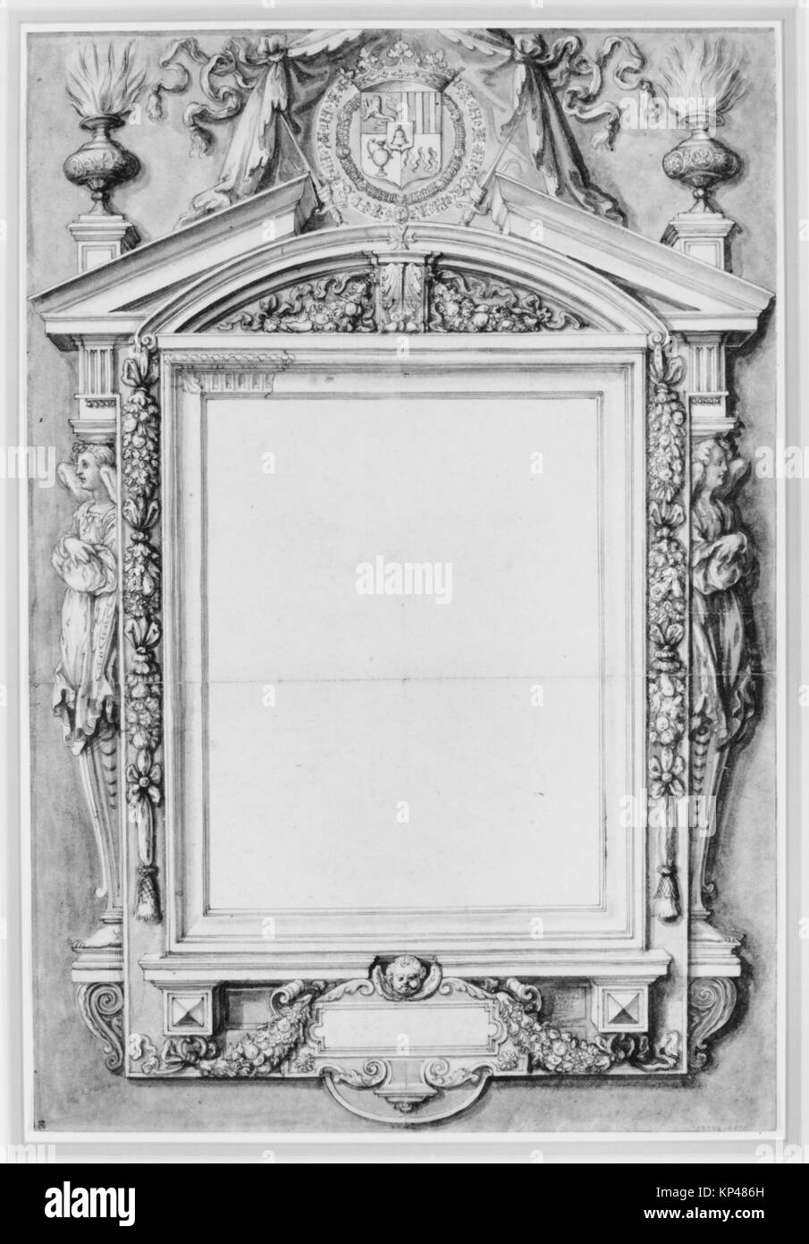 Design for the Frame of a funerary plaque with the Coat of Arms of Roger II de Saint Lary, Duc de Bellegarde è un disegno di Étienne Martellange (1568-1641), creato tra il 1619 e il 1630. L'opera d'arte, eseguita con inchiostro a penna e marrone con pennello e lavaggio marrone e blu, su tracce di gesso nero, mostra un design architettonico barocco. Foto Stock