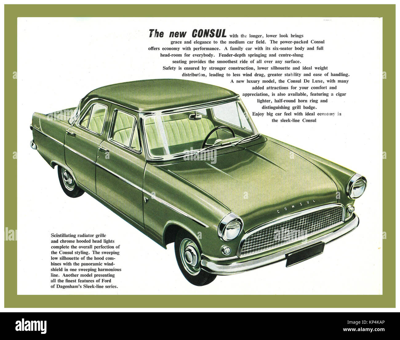 Vintage anni cinquanta Ford Motor Car Poster pubblicitario per il 1956 Ford Consul Mark II Berlina (204E) tra il 1951 e il 1962, il Console è stato il quattro cilindri modello base della tre-modello Ford Zephyr gamma Foto Stock