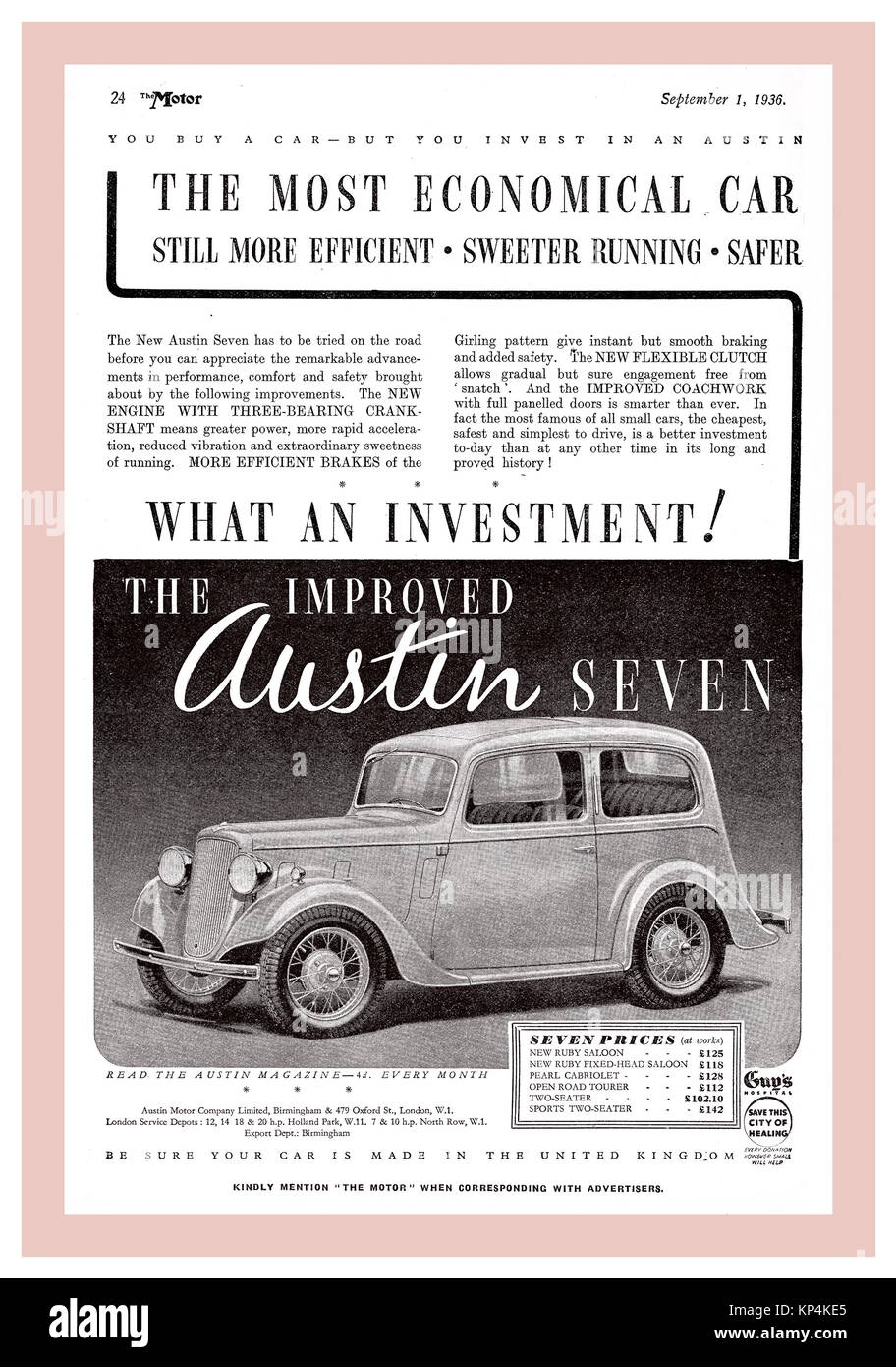 1930s Vintage Austin sette 2 porte berlina autovettura britannico 1936 premere annuncio rivista Foto Stock