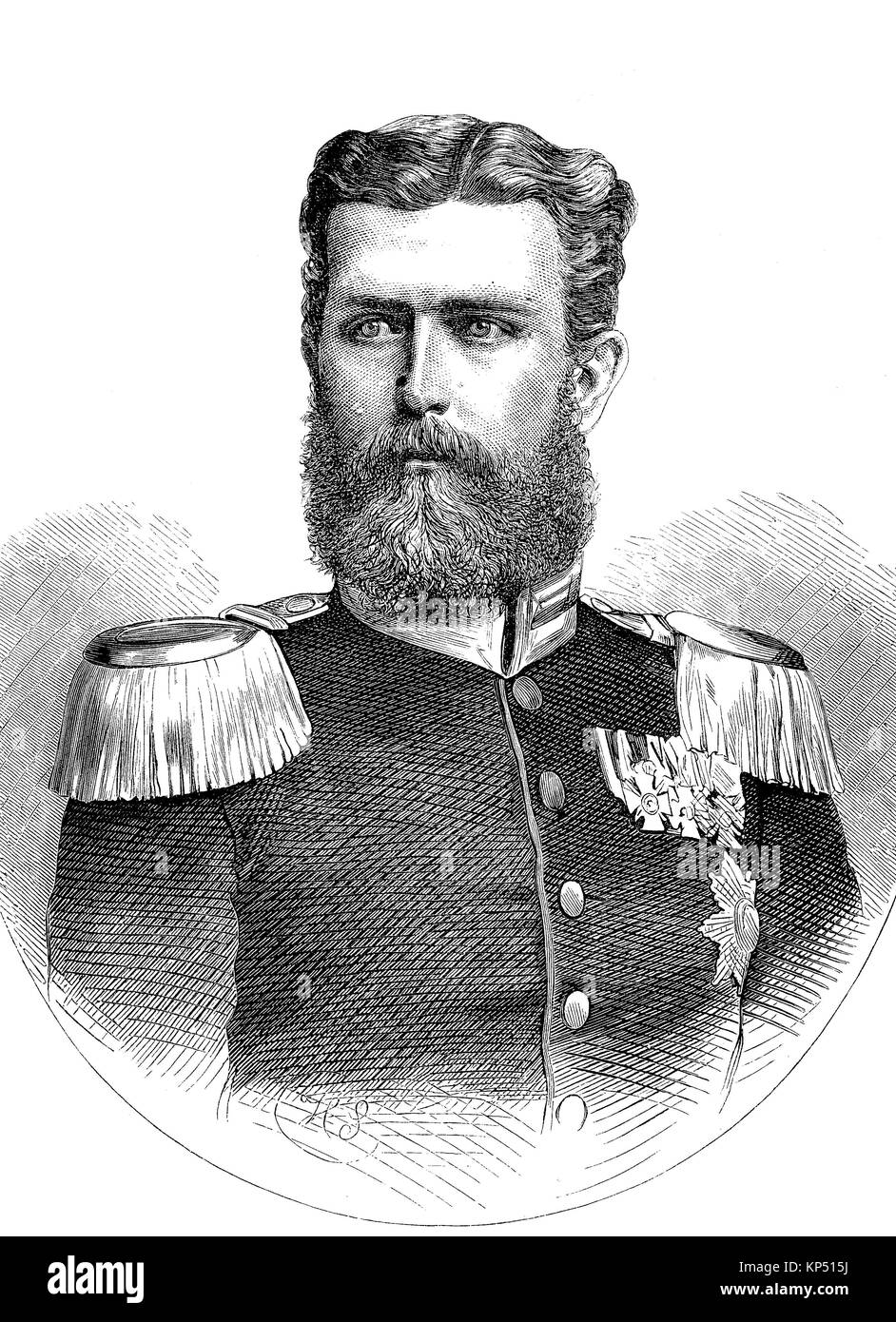 Ritratto di Leopoldo, principe di Hohenzollern, in tedesco - Leopoldo Stephan Karl Anton Gustav Eduard Tassilo Fuerst von Hohenzollern, 22 settembre 1835 - 8 giugno 1905, era il capo del ramo sveva della casa di Hohenzollern e ha giocato un ruolo fugace nella comunità politica di potere, in connessione con la guerra franco-prussiana, al tempo della guerra franco-prussiana o guerra franco-tedesca, Deutsch-Franzoesischer Krieg, 1870 - 1871, digitale migliorata la riproduzione di un originale xilografia dal 1871 Foto Stock