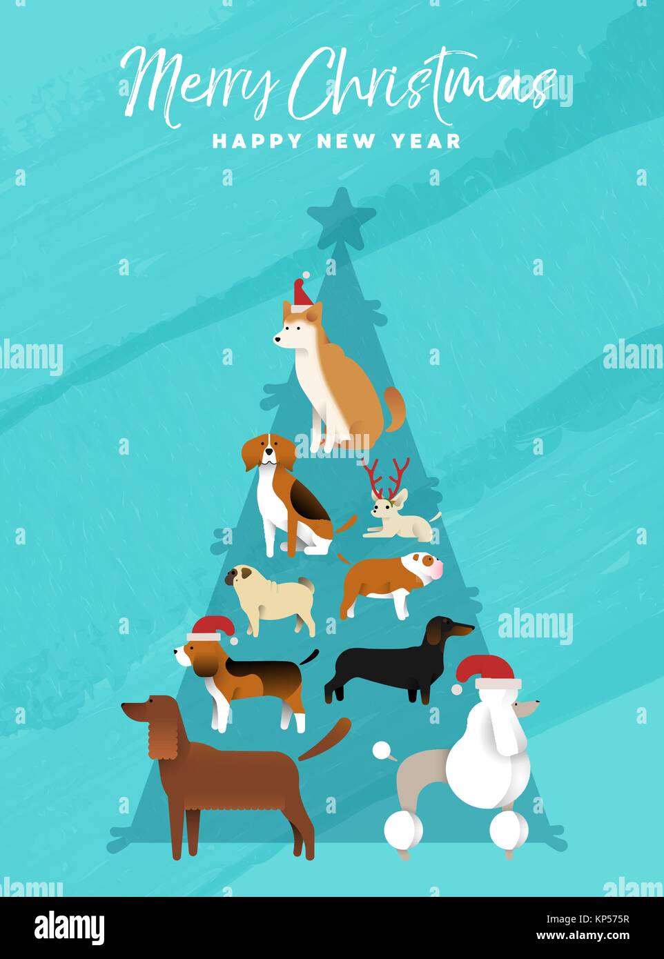 Auguri Di Buon Natale Felice Anno Nuovo Vacanza Divertente Greeting Card Illustrazione Di Cani Rendendo Xmas Pino Forma Include Il Pug Poodle Shiba Inu Bulldog Un Immagine E Vettoriale Alamy