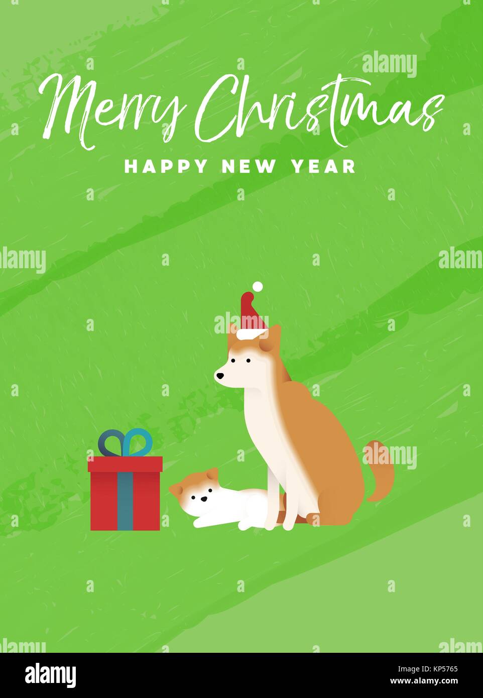 Buon Natale e Felice Anno Nuovo messaggio di saluto festivo illustrazione della scheda. Shiba Inu cane cucciolo e sulle texture colorato sfondo. EPS10 vettore. Illustrazione Vettoriale