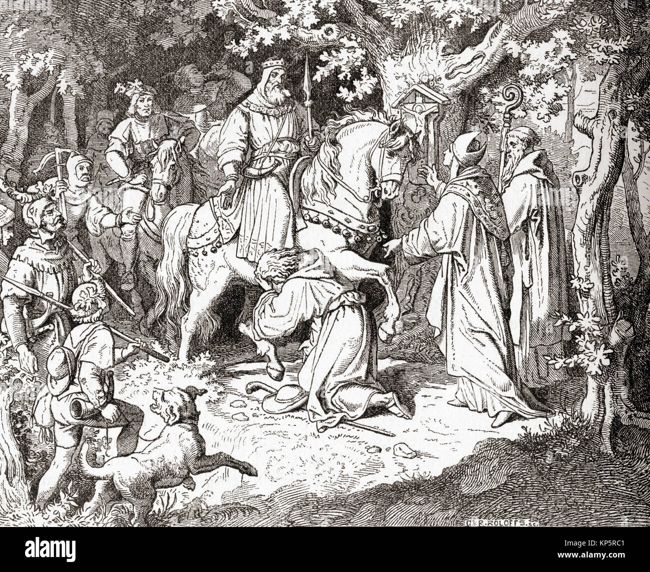 Liudolf sostiene al suo padre Otto Grandi dopo la fallita ribellione in 953/954. Liudolf, c. 930 - 957. Il duca di Svevia da 950 fino a 954. La sua ribellione in 953/54 ha portato ad una grave crisi della nascente Regno tedesco. Otto I, 912 - 973, aka Ottone il Grande. Re di Germania e imperatore del Sacro Romano Impero. Da Ward e bloccare la storia illustrata del mondo, pubblicato c.1882. Foto Stock