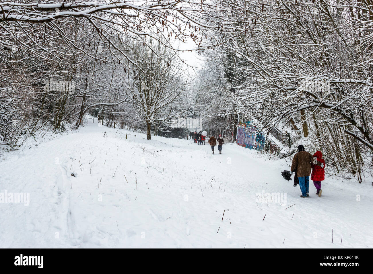Neve sul Parco a piedi, una in disuso la linea ferroviaria, ora una zona di conservazione, a nord di Londra, Regno Unito Foto Stock