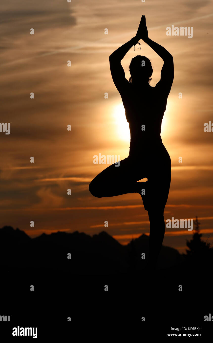 Silhouette di donna a praticare yoga contro la luce del sole di sera. Vrksasana, la posizione dell'albero. Sulle Alpi francesi. La Francia. Foto Stock