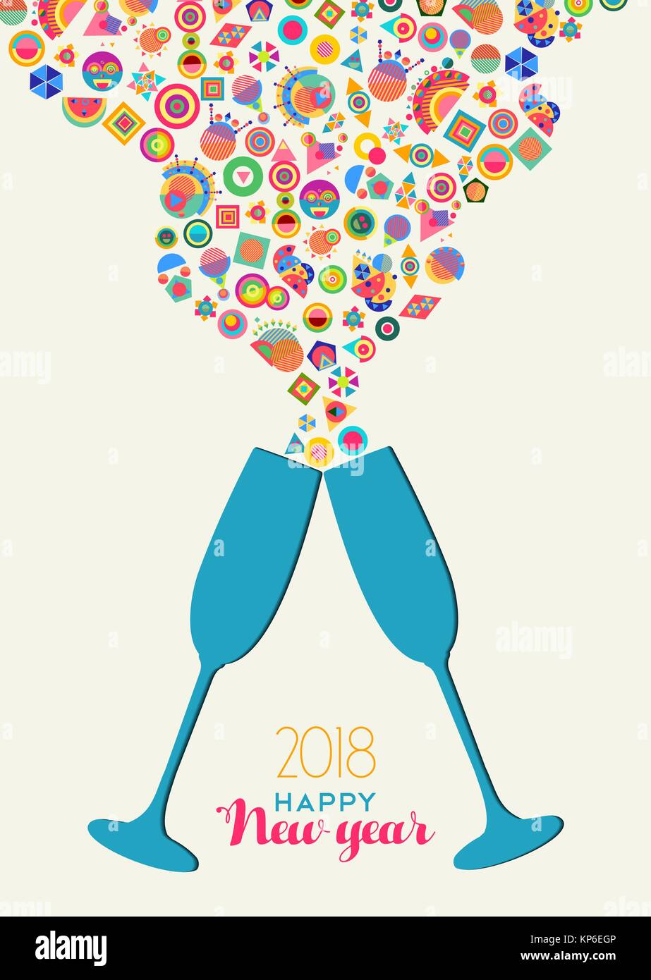 Felice Anno Nuovo 2018 bere toast con colorate geometria astratta decorazione splash. Ideale per vacanza biglietto di auguri o invito alla festa. EPS10 vettore. Illustrazione Vettoriale