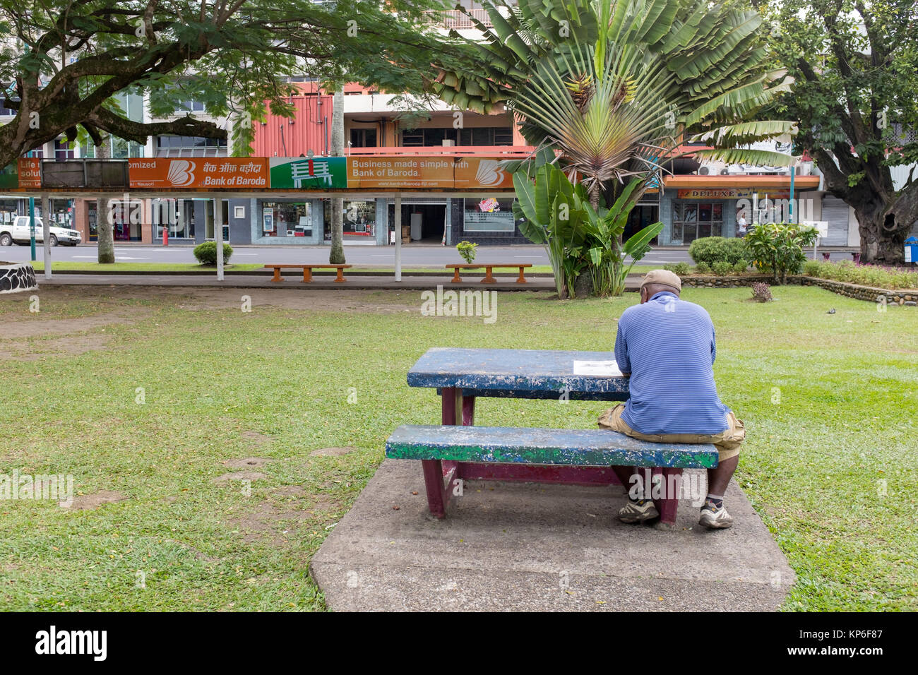 Uomo che legge il giornale, Ratu Sukuna Park, Suva, città capitale Figi e Sud Pacifico Foto Stock