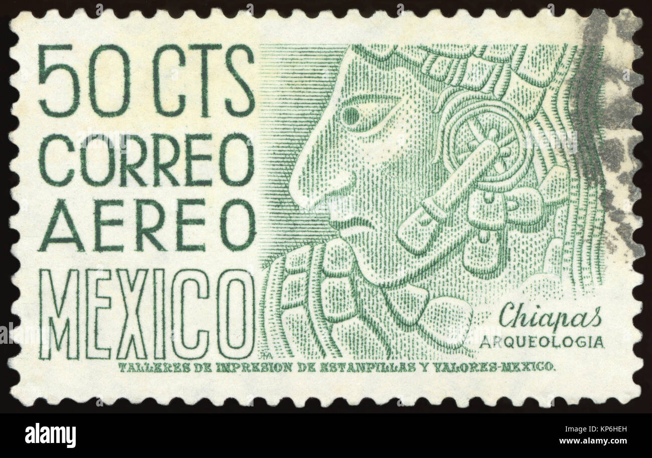 Messico - circa 1960: un timbro stampato in Messico mostra immagine di un reperto archeologico in Chiapas, Messico, serie, circa 1960 Foto Stock