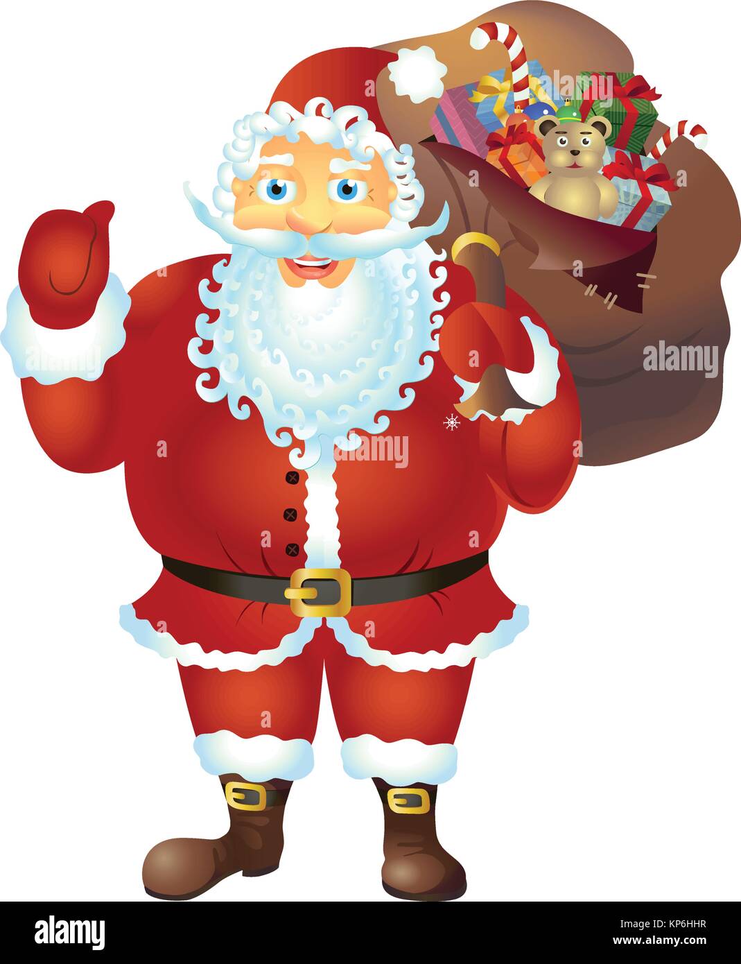 Babbo Natale dando il pollice fino nei pressi di sacco pieno di doni isolati su sfondo bianco. Illustrazione Vettoriale