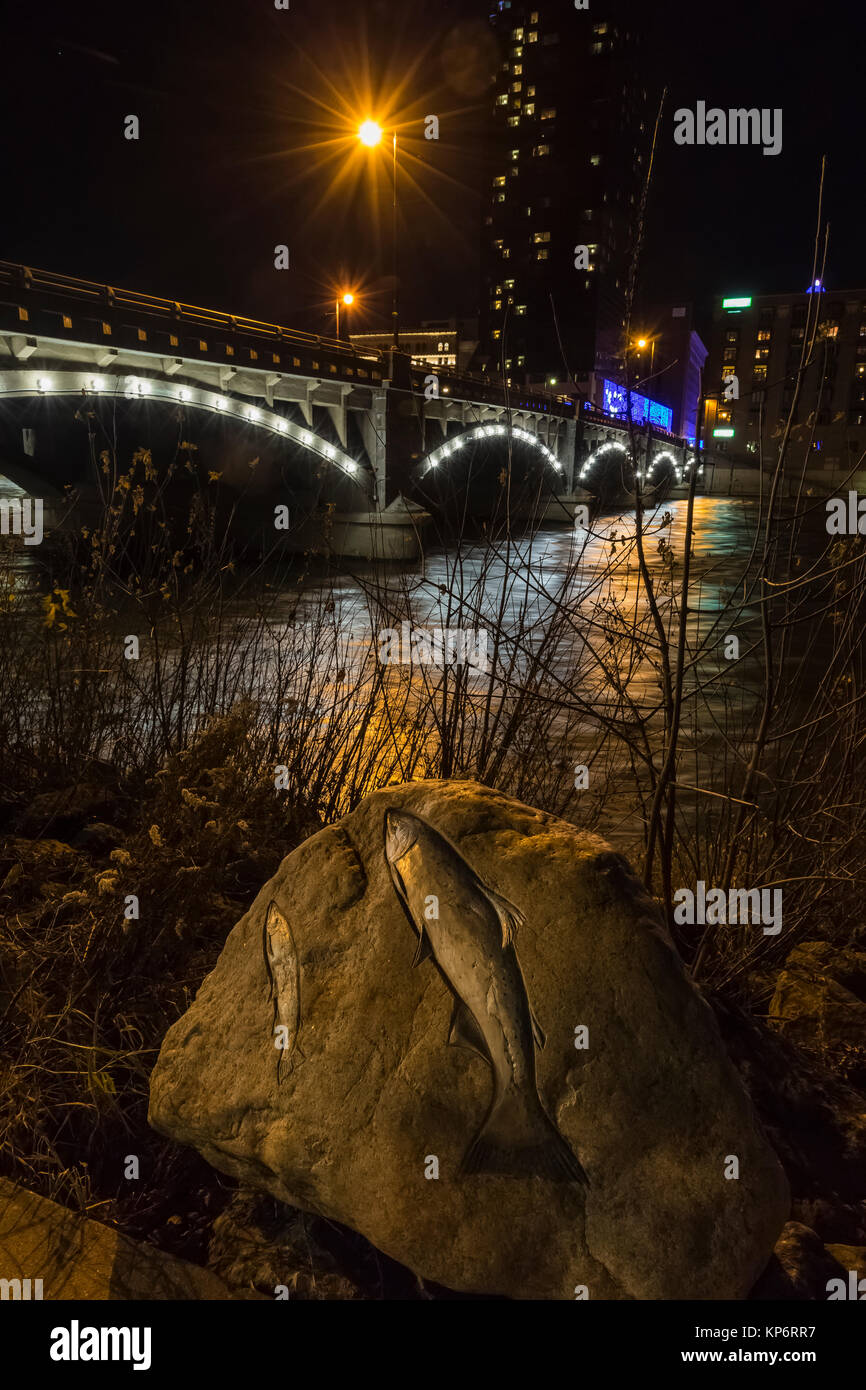 Pesce carving da petroglyph artista Kevin Sudeith nei pressi di Grand Rapids Public Museum e il Pearl Street Bridge oltre il gran fiume in Grand Rapids, Foto Stock