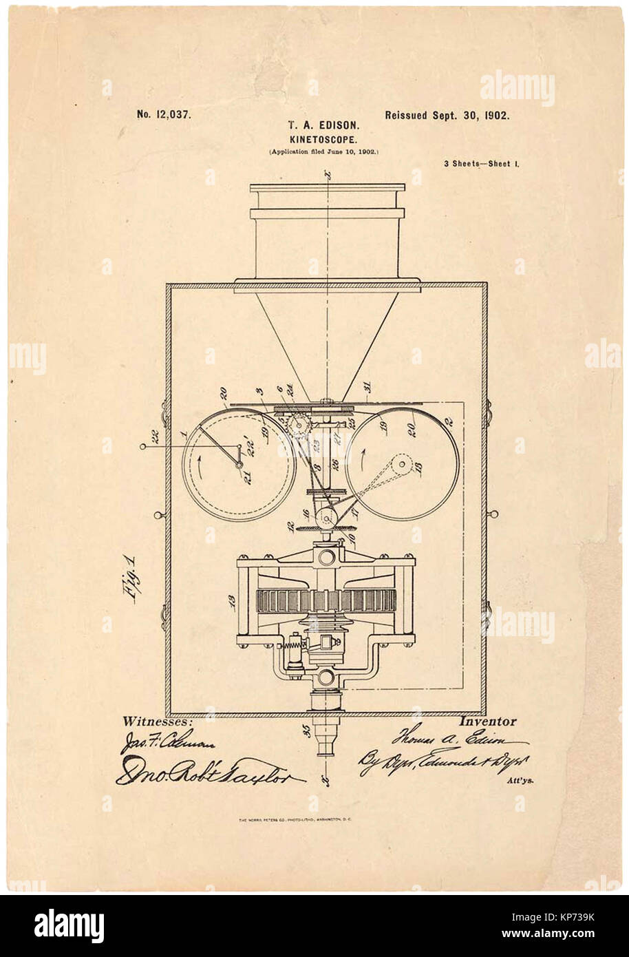 T.A. Edison Kinetoscope "", il brevetto disegno, un inizio di Motion Picture mostra dispositivo. Foto Stock
