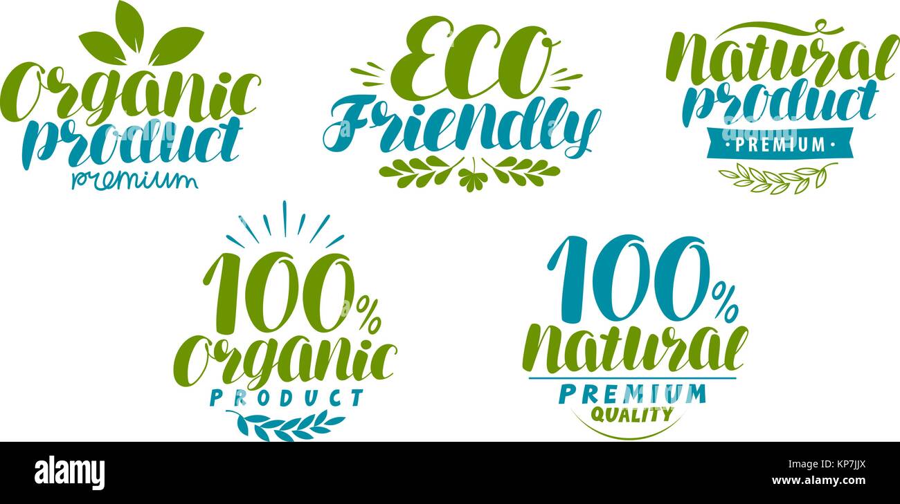 Naturale, prodotto organico etichetta o di un logo. Icona di eco. Disegno tipografica, scritte illustrazione vettoriale Illustrazione Vettoriale