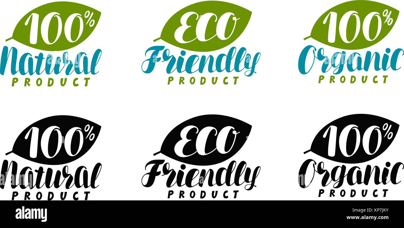 Naturale, prodotto organico logo o etichetta. Eco Friendly, bio icona. Lettering illustrazione vettoriale Illustrazione Vettoriale