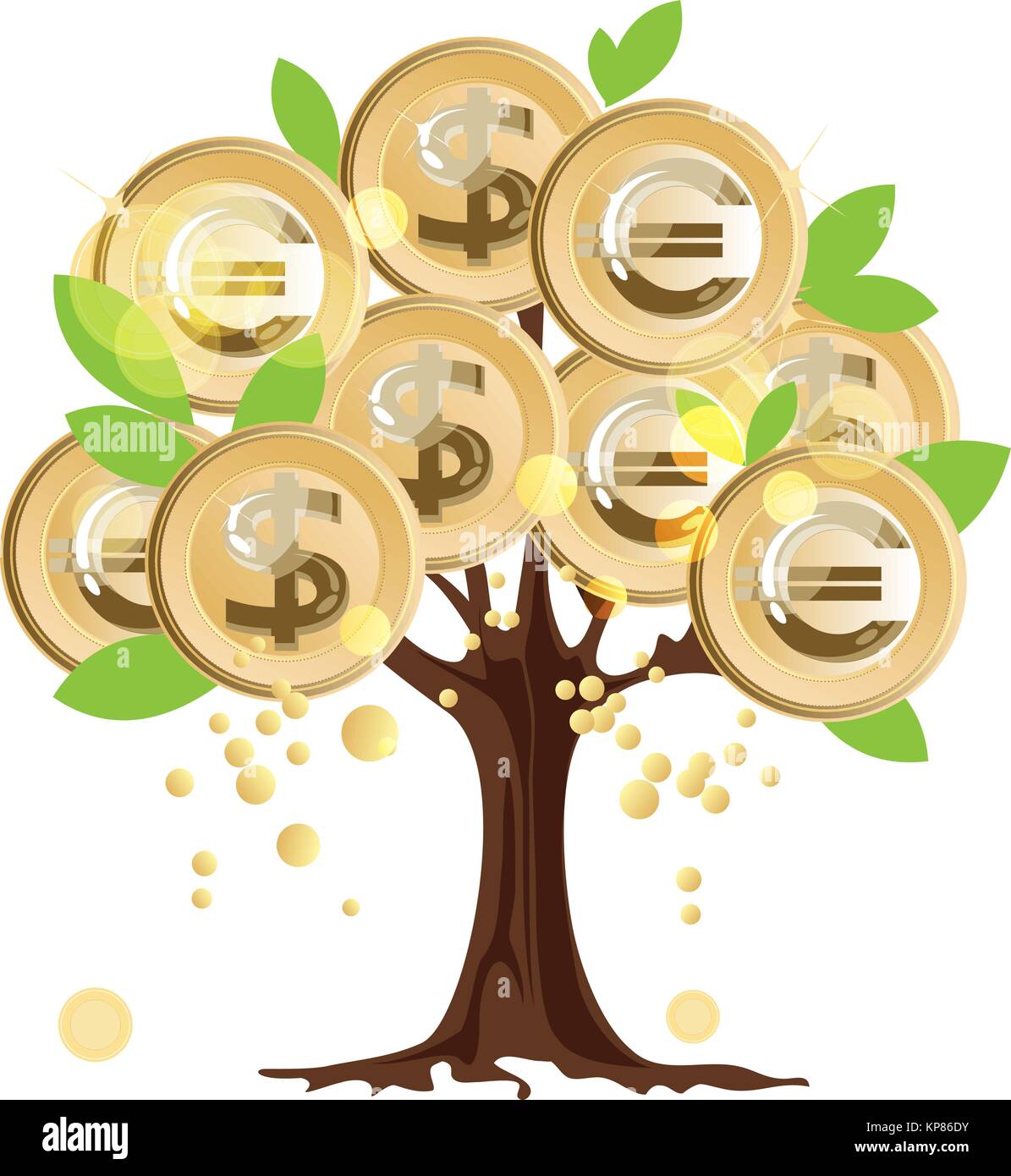 Money Tree, dollaro e monete metalliche in euro sulla struttura ad albero Illustrazione Vettoriale