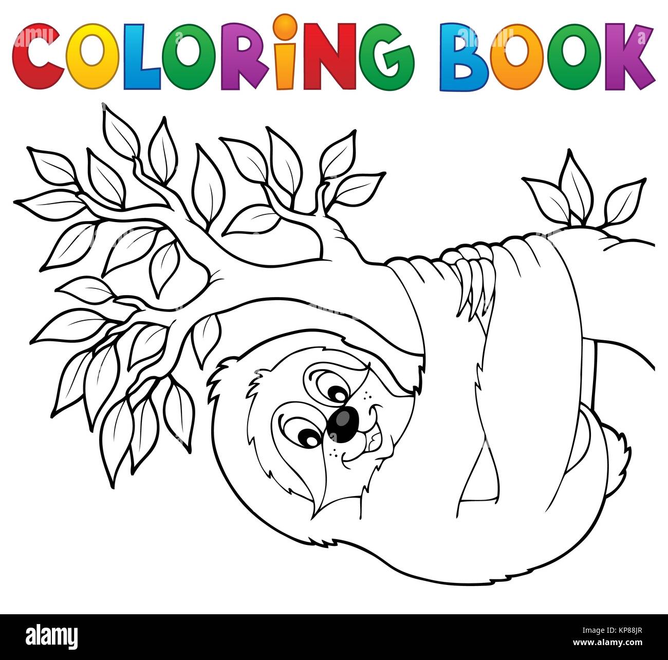 Libro da colorare bradipo sul ramo Foto Stock