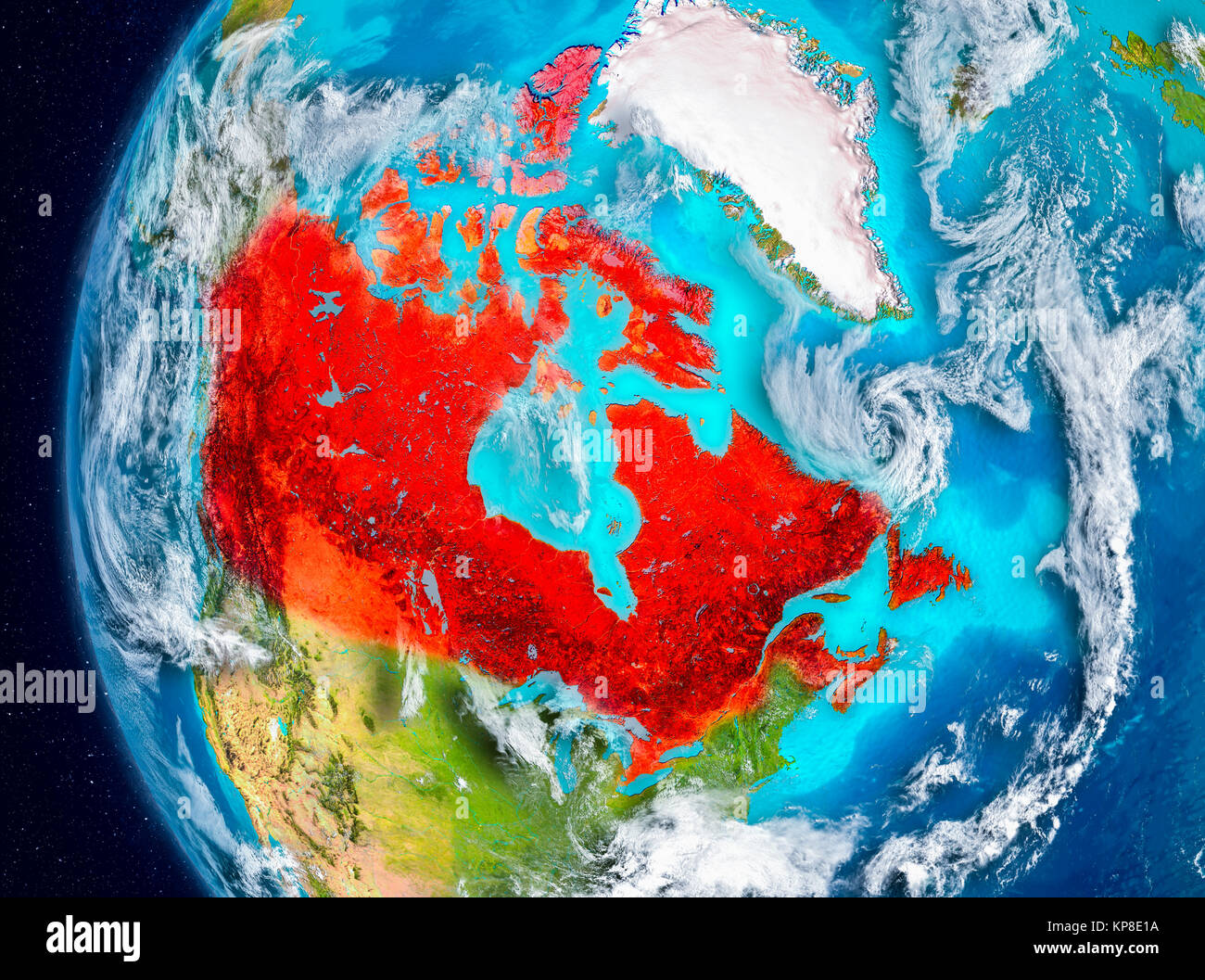 Mappa del Canada come visto dallo spazio sul pianeta Terra con le nuvole e atmosfera. 3D'illustrazione. Gli elementi di questa immagine fornita dalla NASA. Foto Stock