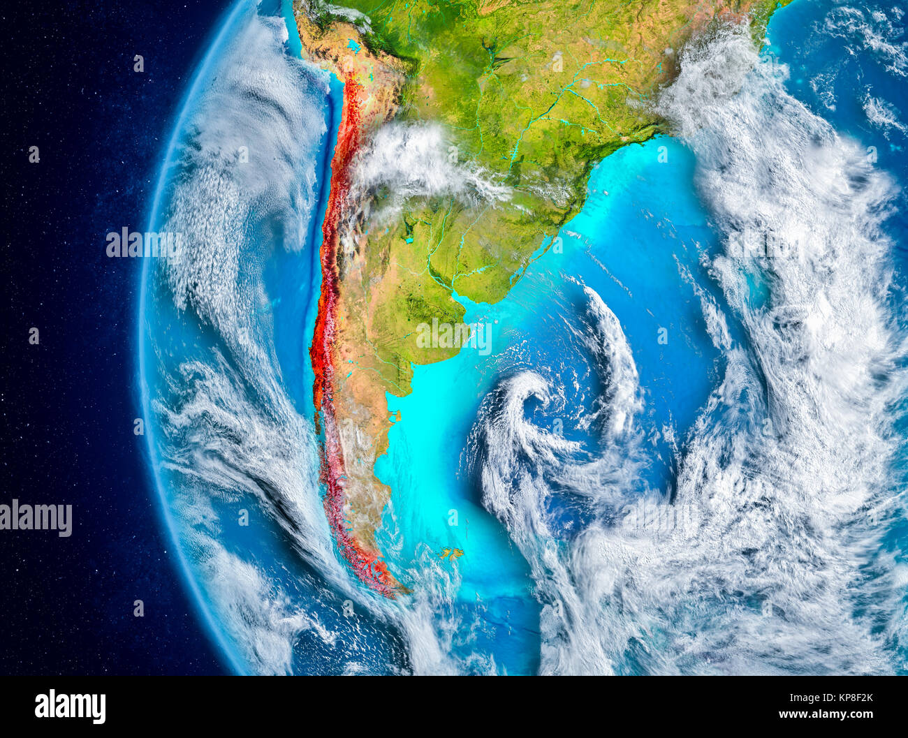Mappa di Cile come visto dallo spazio sul pianeta Terra con le nuvole e atmosfera. 3D'illustrazione. Gli elementi di questa immagine fornita dalla NASA. Foto Stock