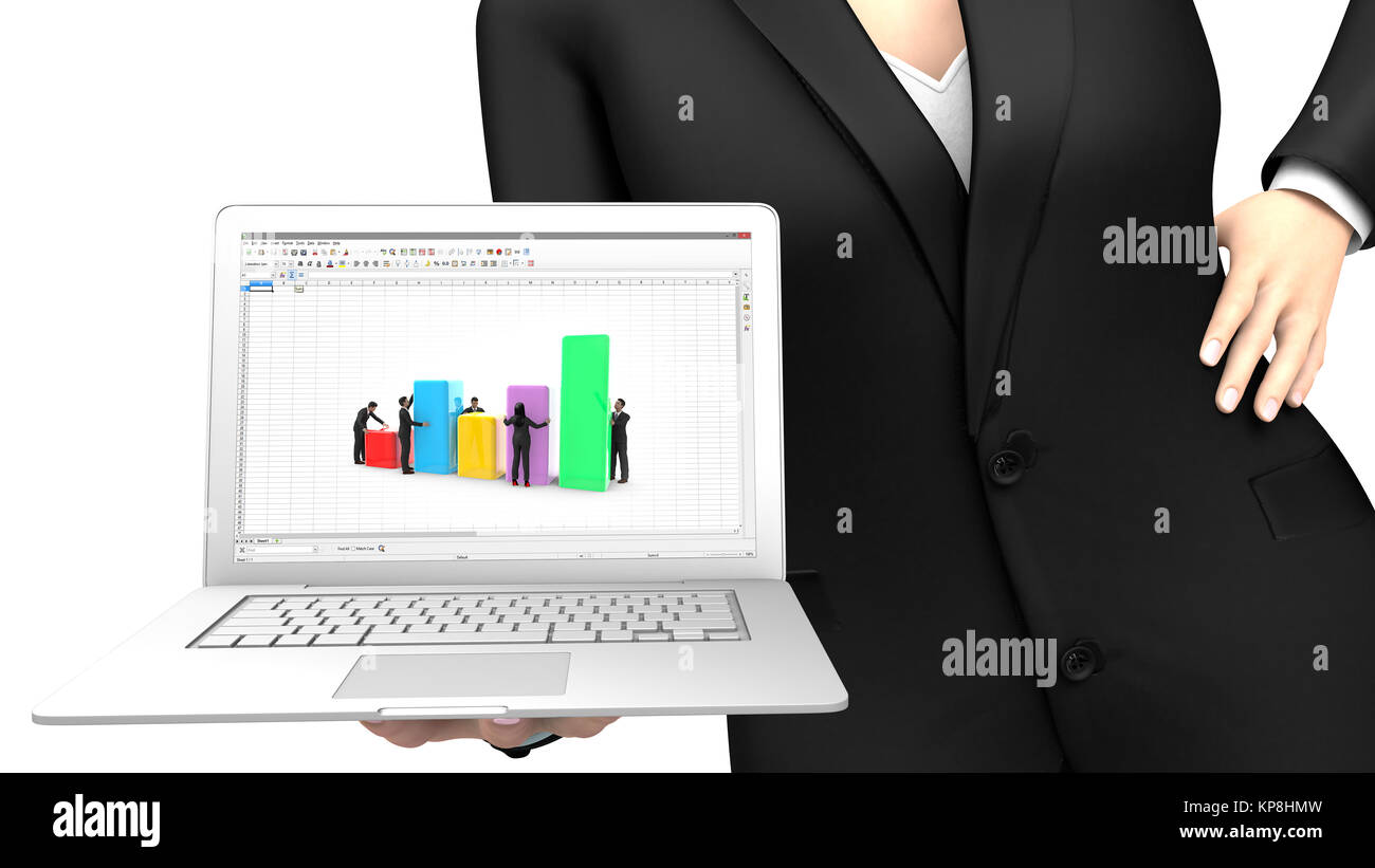 Business donna che mostra un computer portatile con un'applicazione di foglio di calcolo Foto Stock
