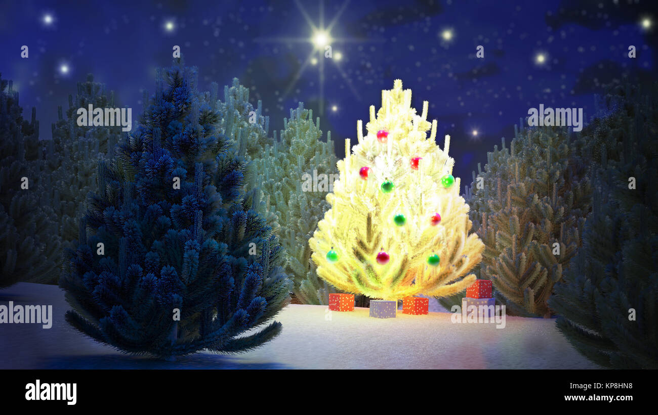 Illustrazione di un albero di Natale nel mezzo di una foresta di pini durante la notte Foto Stock