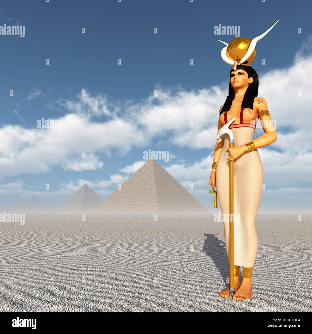 Dea Hathor e Piramidi Foto Stock