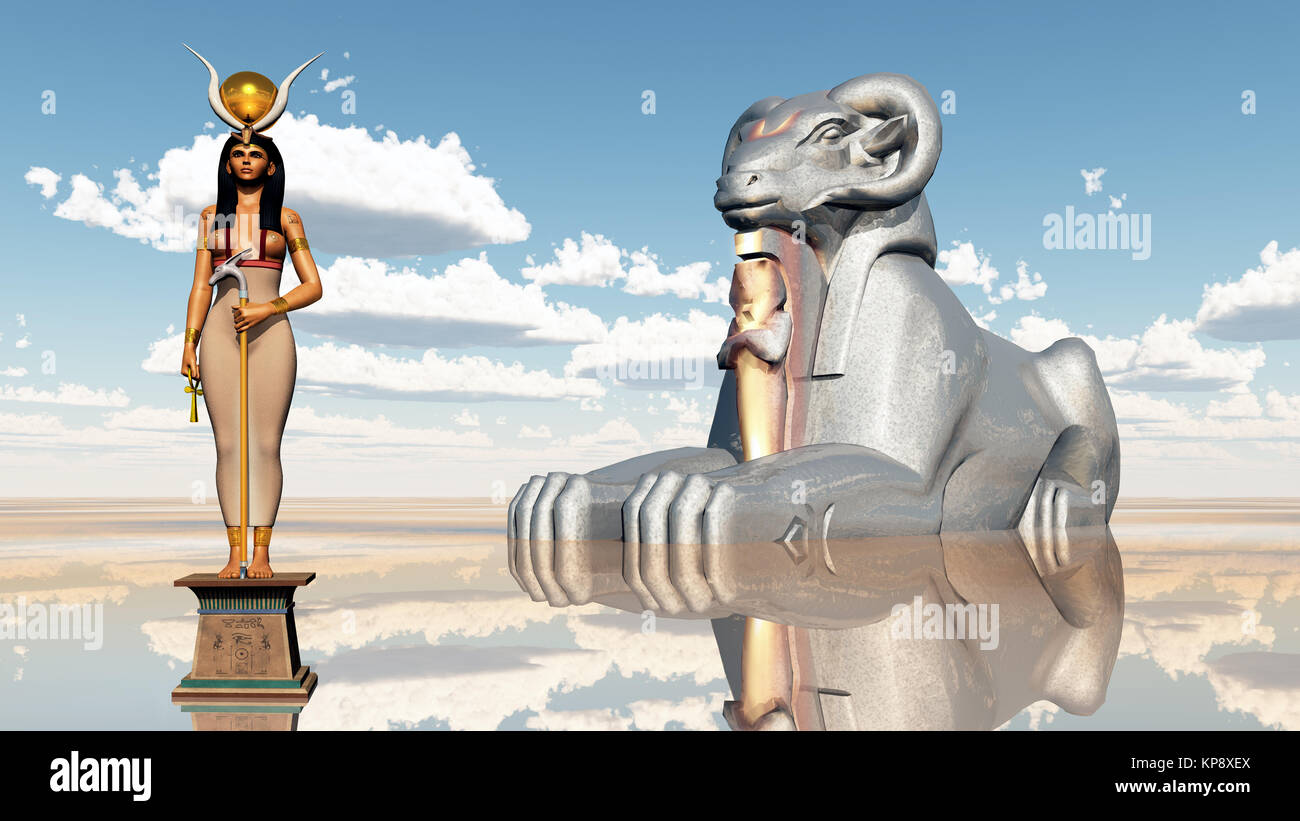 Dea Hathor e Ariete Sfinge Foto Stock