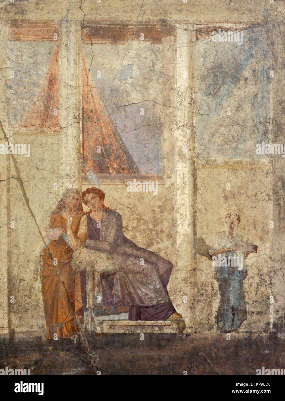 Affresco romano raffigurante Phèdre, tormentato dalla all'amore non corrisposto del suo figliastro Ippolito, invia una lettera in cui lui accusa e che cosa porterà alla sua morte. Casa di Giasone (20-25). Pompei. Museo Archeologico Nazionale. Napoli. L'Italia. Foto Stock