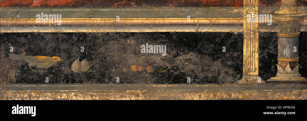 Affresco romano raffigurante una zoccolatura con uccelli e frutta. Prima età imperiale. Ercolano. Museo Archeologico Nazionale. Napoli. L'Italia. Foto Stock
