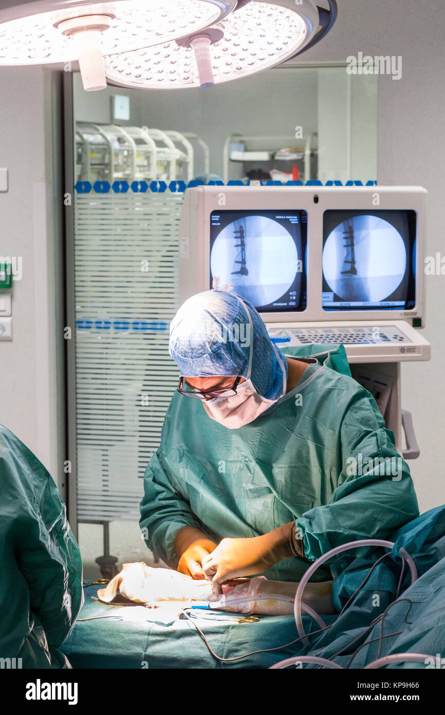 Aprire la riduzione e la fissazione interna (OSE) di una frattura dell'avambraccio da osteosintesi, ospedale di Angouleme, Francia. Foto Stock