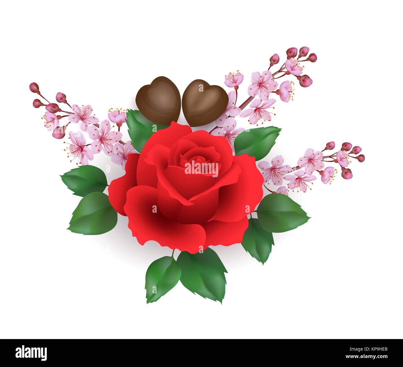 Realistico il giorno di San Valentino 3d set rose fiore cioccolato sakura blossom. Forma di cuore candy fiore rosso ciliegia petali foglie verdi. Vacanza romantica presente data in dono illustrazione vettoriale Illustrazione Vettoriale