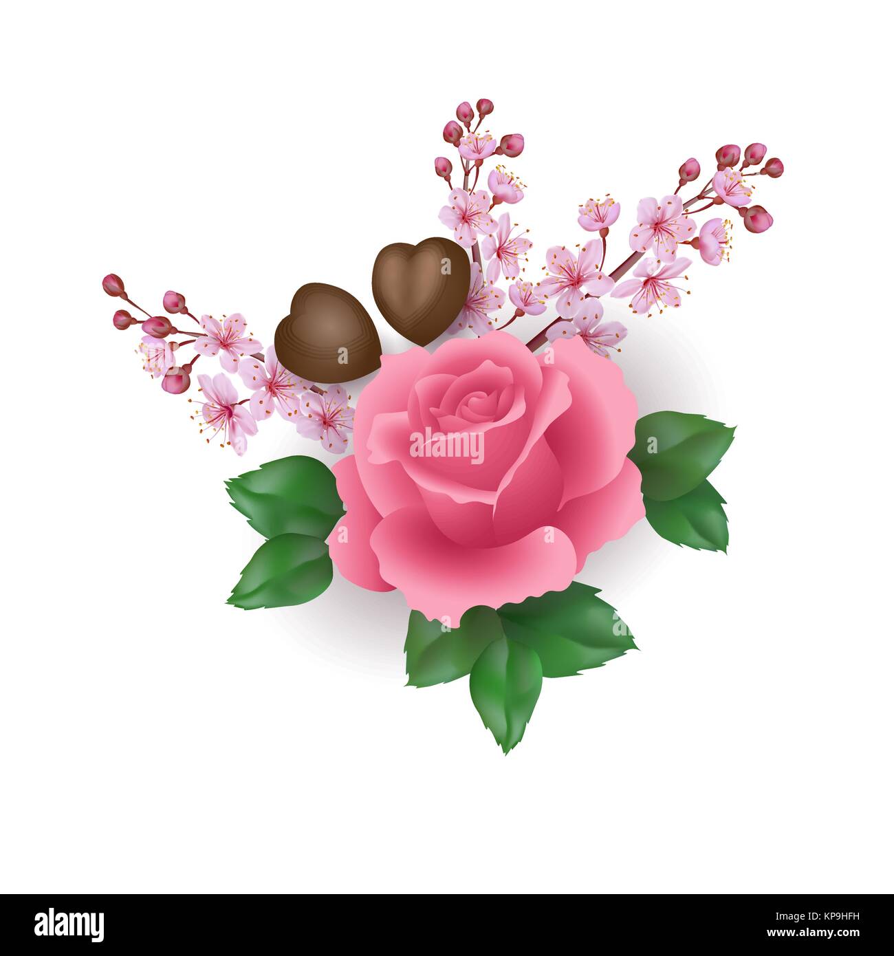 Realistico il giorno di San Valentino 3d set rose fiore cioccolato sakura blossom. Forma di cuore candy fiore rosa ciliegia petali foglie verdi. Vacanza romantica presente data in dono illustrazione vettoriale Illustrazione Vettoriale